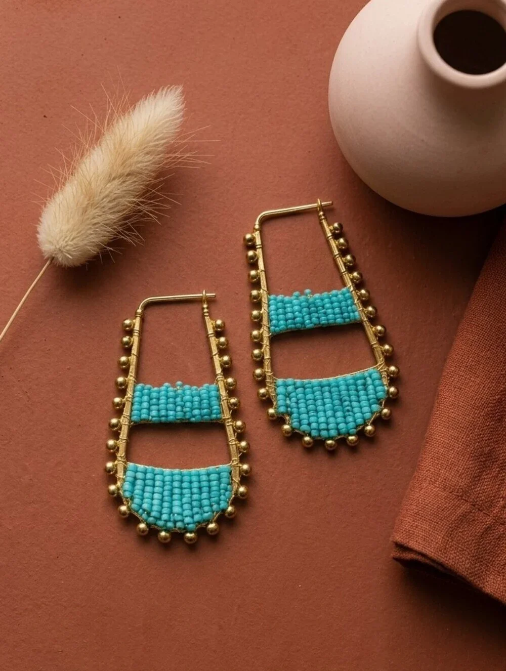 Aqua Turquoise Seed Bead Statement Hoop Earrings Boho Artisan Gold Woven 2